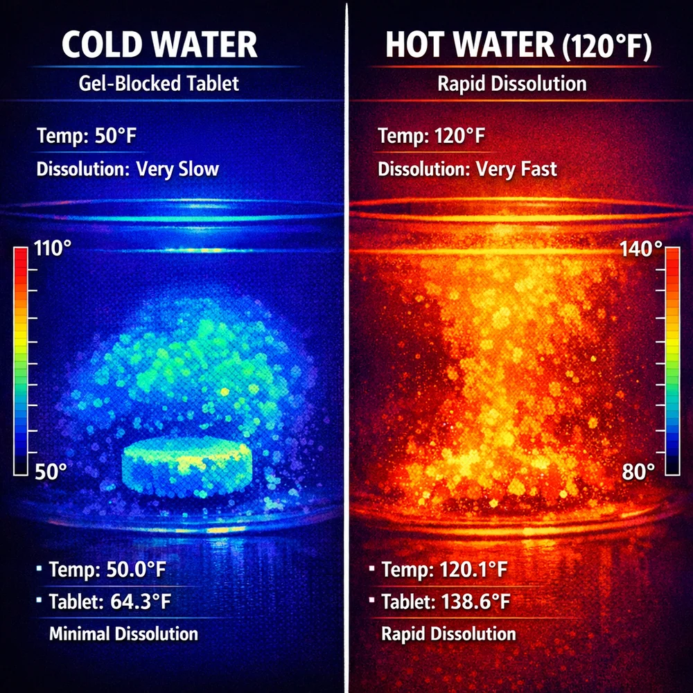 A split-screen comparison: one side showing a 'gel-blocked' tablet in cold water, the other showing rapid dissolution in 120 F water. Thermal imaging colors, technical data overlay.