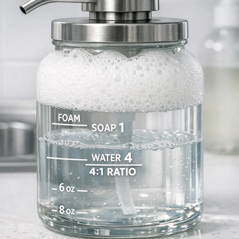 Macro photography of an 8oz glass dispenser showing the 4:1 water-to-soap ratio. Top layer of rich, stable white foam. Clinical kitchen aesthetic, soft technical lighting.