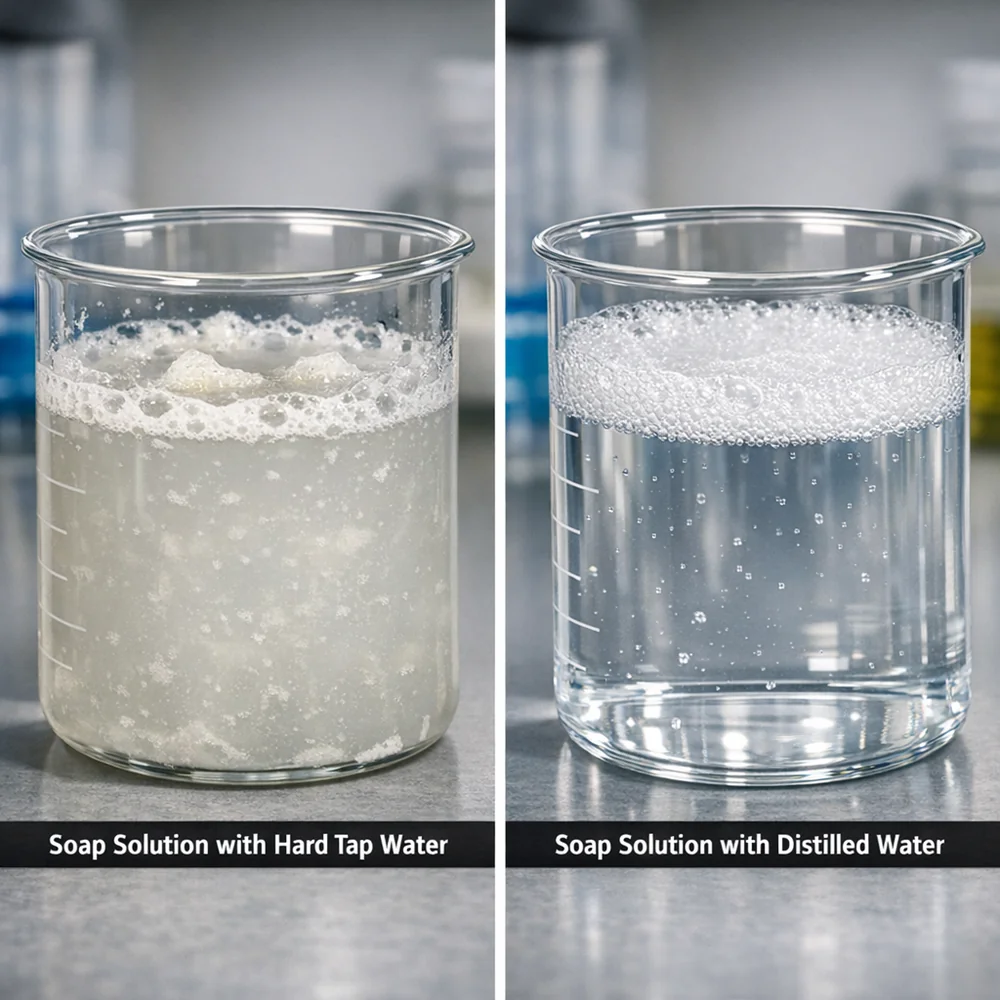 Side-by-side comparison of two soap solutions: one made with hard tap water (cloudy, with scum) and one with distilled water (crystal clear). Scientific contrast, technical focus, 8k.