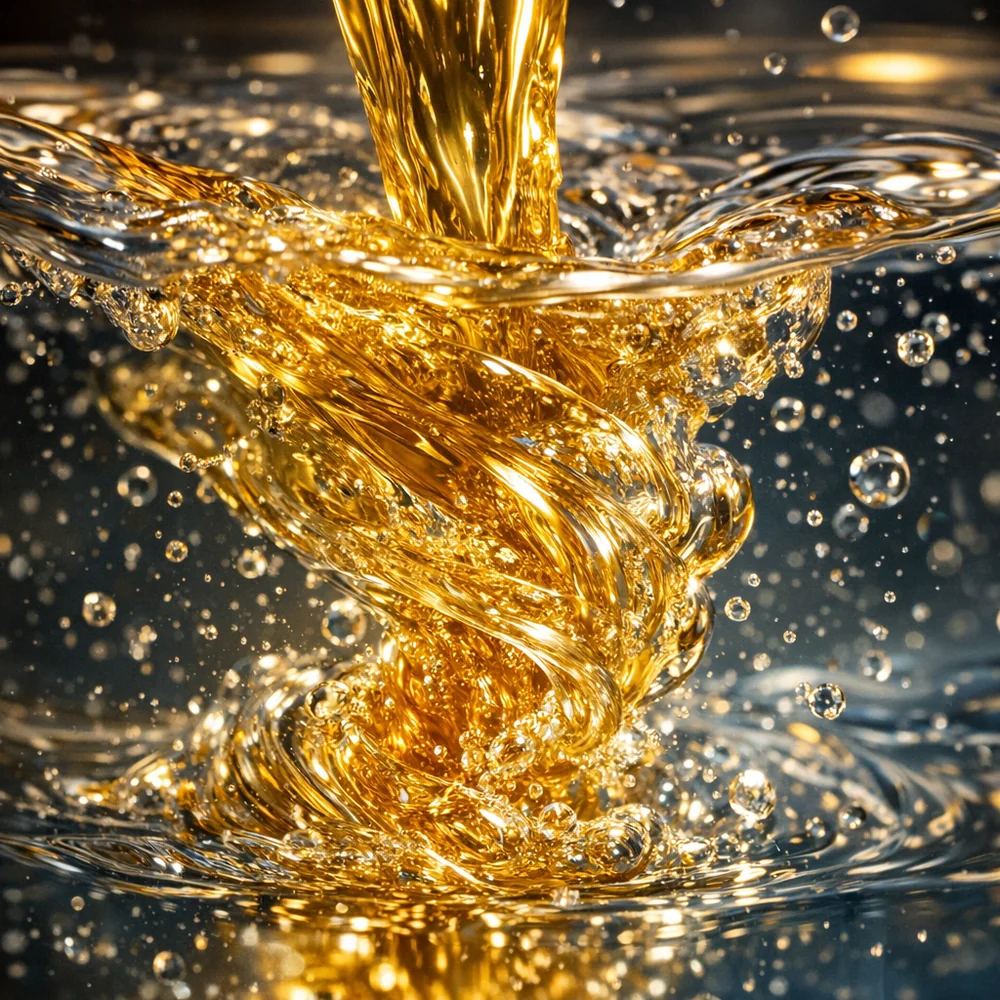 Extreme macro of golden liquid castile soap being poured into clear water, showing the slow-motion swirl of high-viscosity soap. Artistic laboratory photography, cinematic lighting.