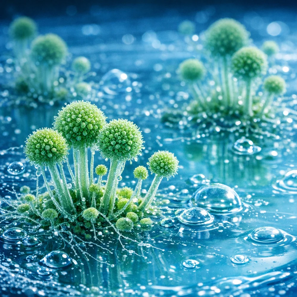 Microscopic view of a green mold colony (Aspergillus) starting to grow on the surface of a preservative-free soap solution. High-tech biological rendering, clinical blue lighting.