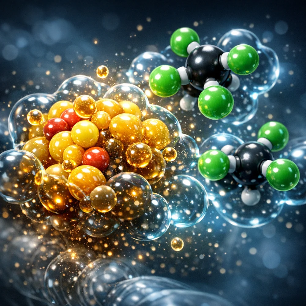 Molecular visualization of Perchloroethylene (Perc) interacting with a lipid soil on a silk fiber. Shows the non-polar solvent solvating oil molecules while ignoring the protein fiber structure. High-tech scientific rendering, glowing particles, dark clinical background.