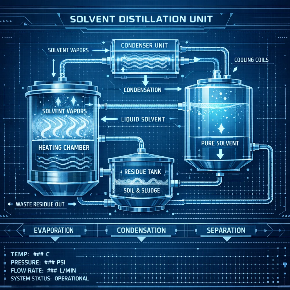 Technical schematic of a professional dry cleaning solvent distillation unit. Shows the cycle of dirty solvent evaporating, condensing into pure liquid, and separating from soil residues. Blue-tinted engineering drawing, high-tech interface style.