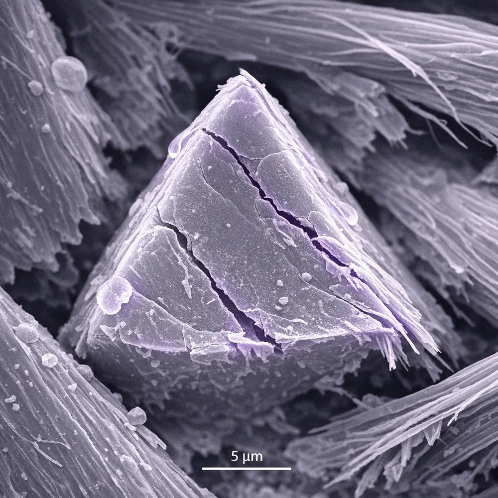 Scanning Electron Microscope (SEM) view of a silk fiber showing its delicate, triangular cross-section. The image highlights the risk of water-induced swelling and fibrillar splitting. Scientific monochrome aesthetic with clinical violet highlights, 8k.