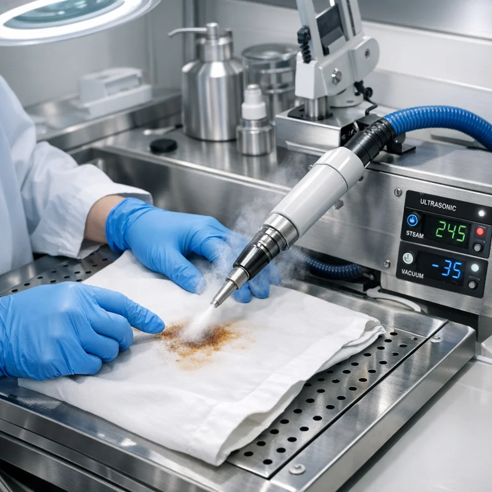 Clinical photograph of a professional 'spotting board' using ultrasonic steam and vacuum extraction. A technician is precisely targeting a tannin stain. Hospital-grade lighting, high-tech medical aesthetic, 4k photorealistic.