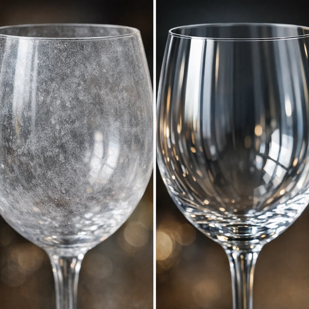 Macro comparison of two wine glasses: one with a cloudy white mineral film, one perfectly clear and transparent. Side-by-side scientific contrast, professional lighting, 8k.