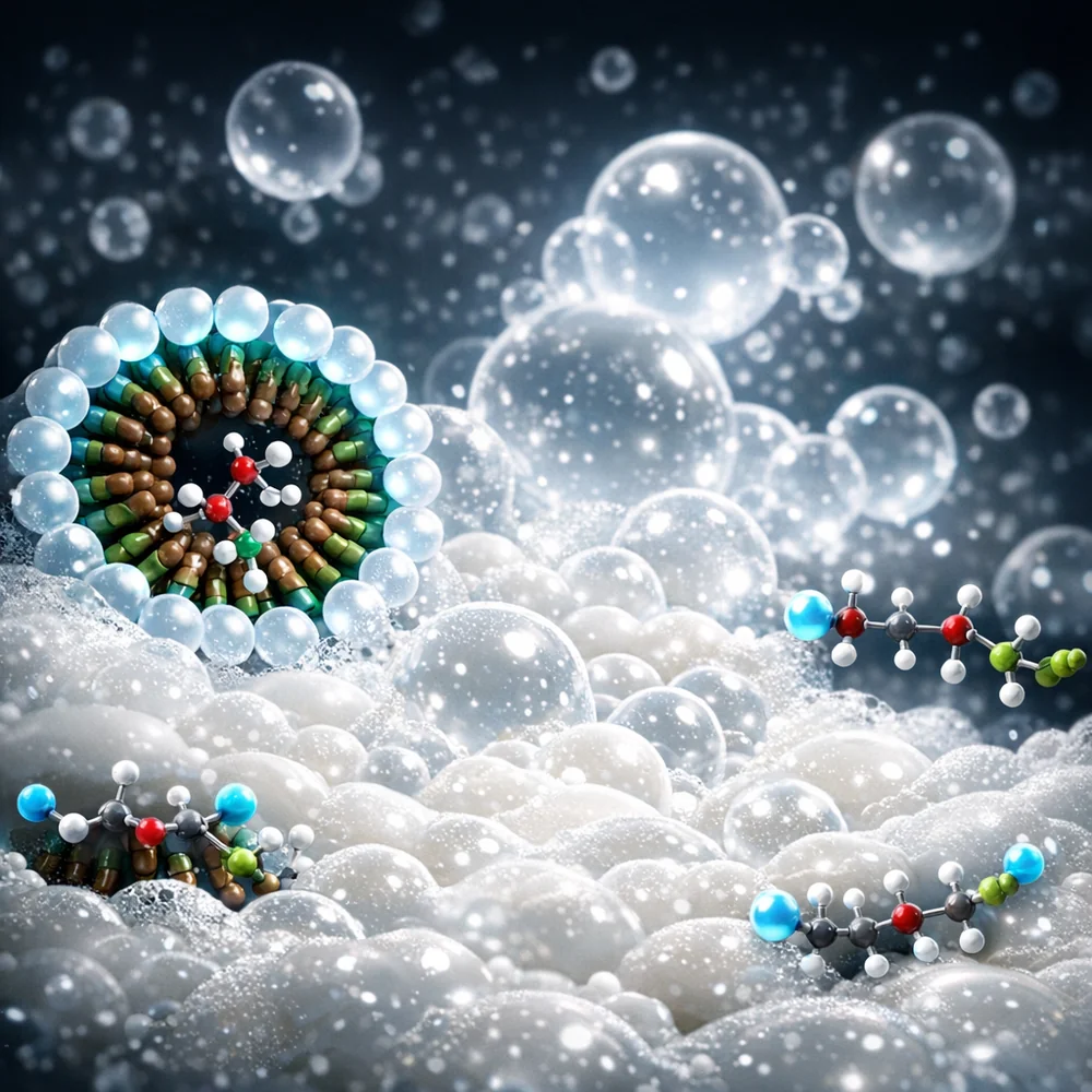 High-tech visualization of coconut-oil based surfactants at the molecular level, forming a rich, creamy lather. Glowing white bubbles, dark clinical background, 4k.