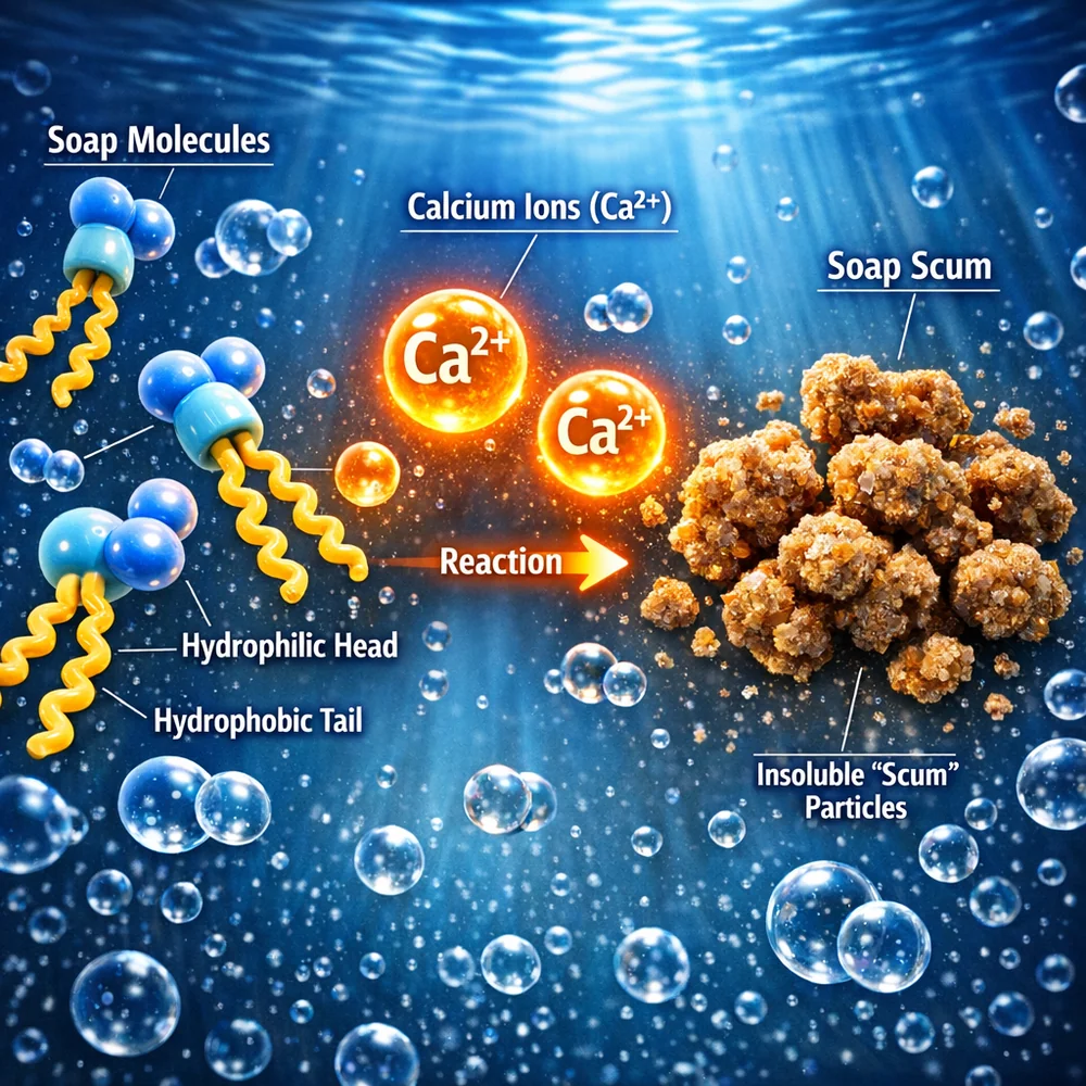 A 3D render showing the chemical reaction between soap molecules and calcium ions in hard water, forming solid 'scum' particles. Medical animation style, high-contrast colors.
