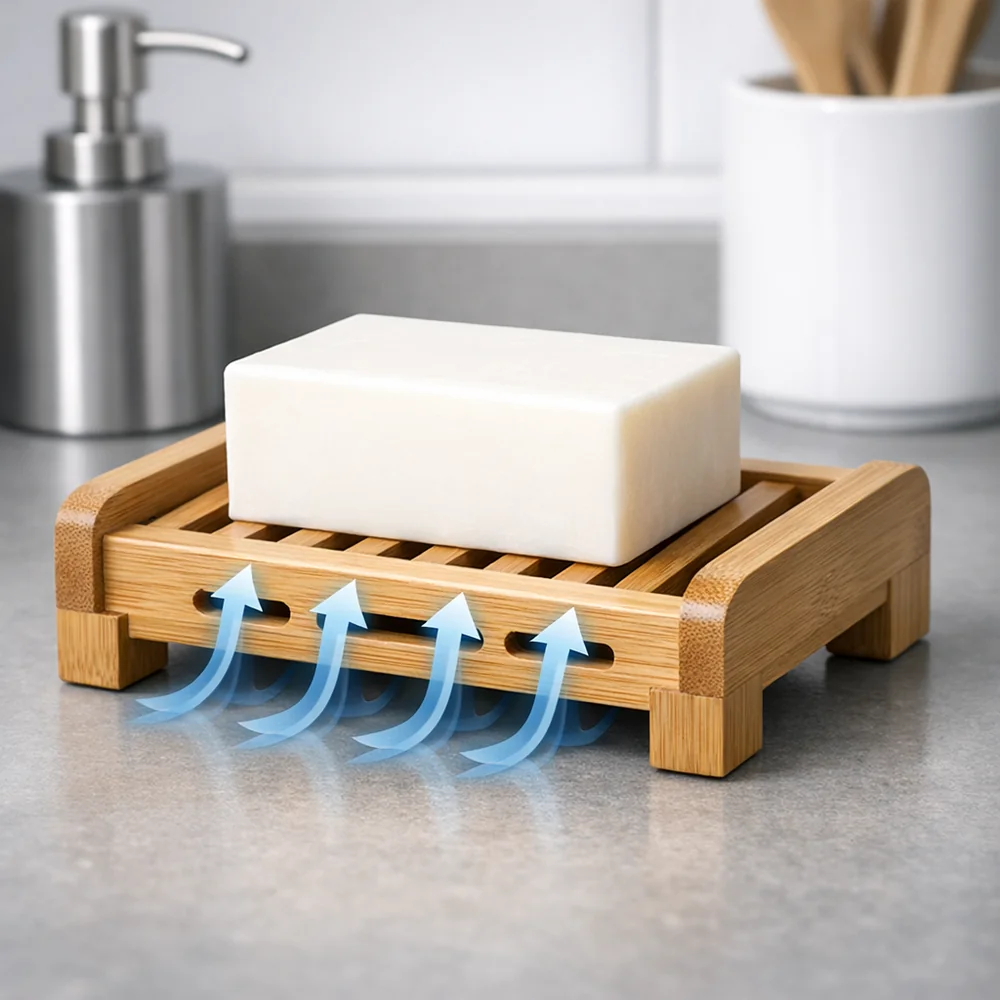Professional setup photo of a bamboo draining dish with an 8oz solid soap bar, emphasizing airflow and dry storage. Technical lighting, minimalist kitchen aesthetic, 8k.