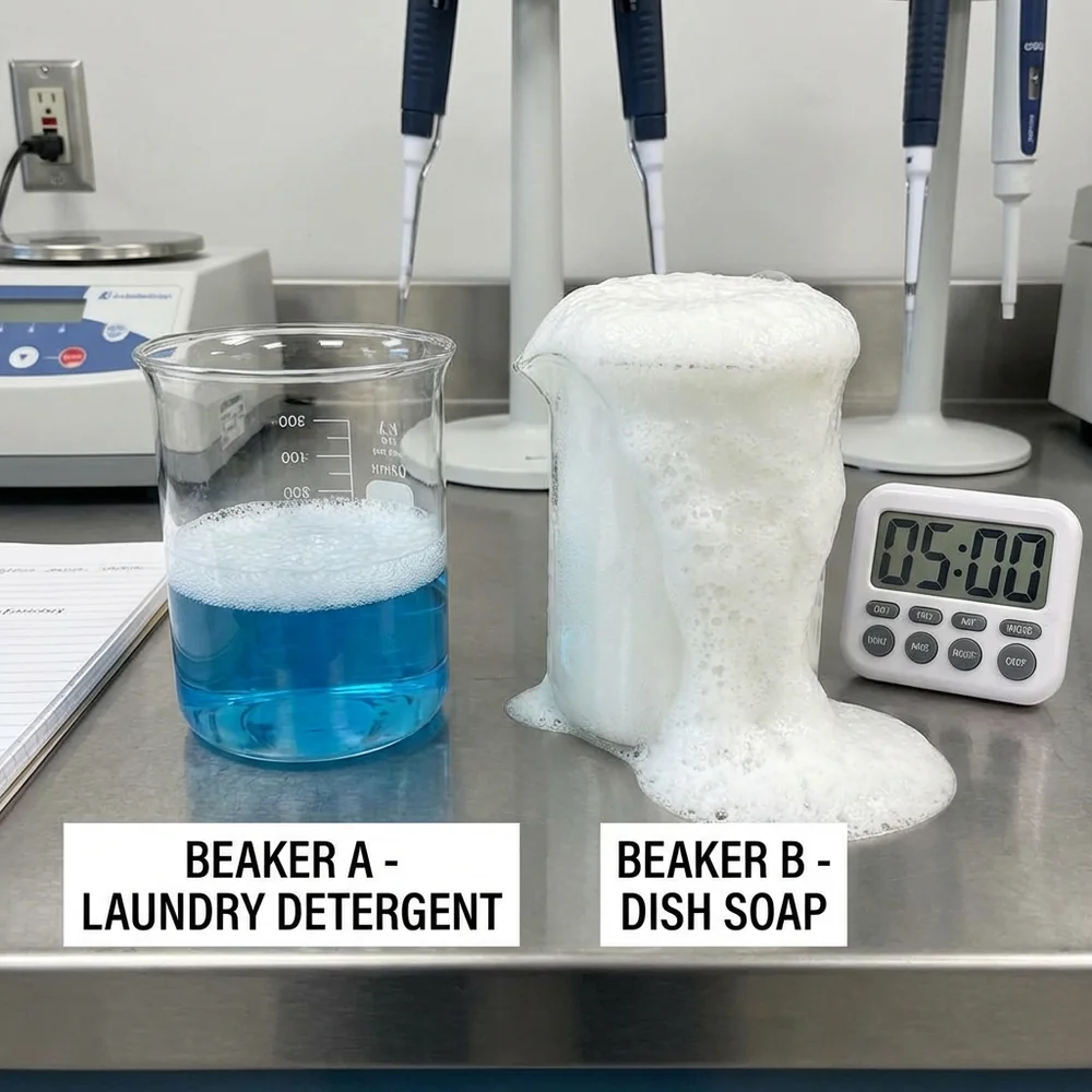 Two glass beakers side-by-side: one with standard low-suds laundry detergent and one with massive, overflowing dish soap foam. High-speed laboratory photography capturing the bubble structure. Clinical white background, high-contrast, photorealistic, 8k.