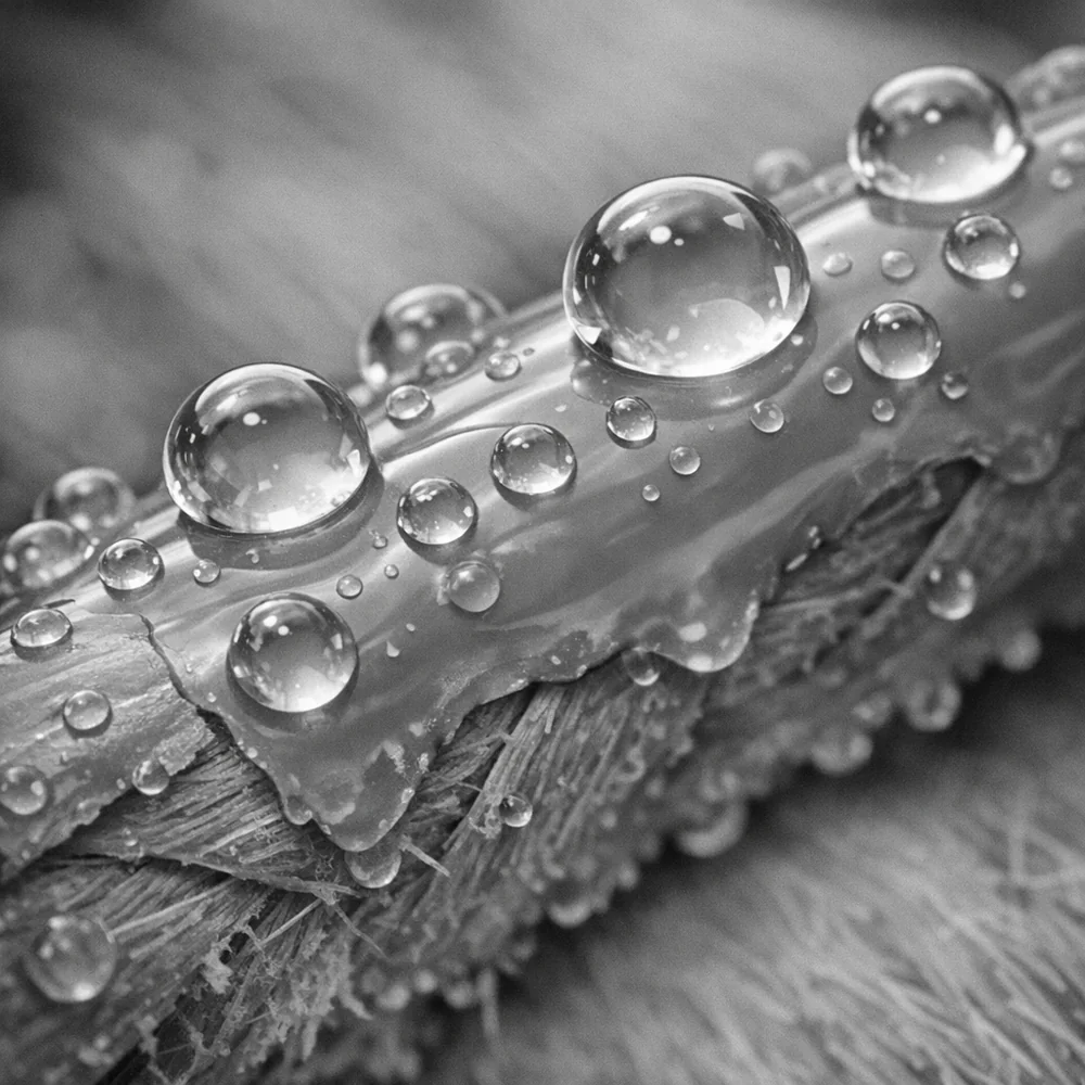 Microscopic view of Dimethicone (silicone) conditioning agents from shampoo depositing a waxy, hydrophobic film on a cotton fiber. Droplets of water beading up on the surface. Scientific focus, monochrome aesthetic, sharp detail, 4k.