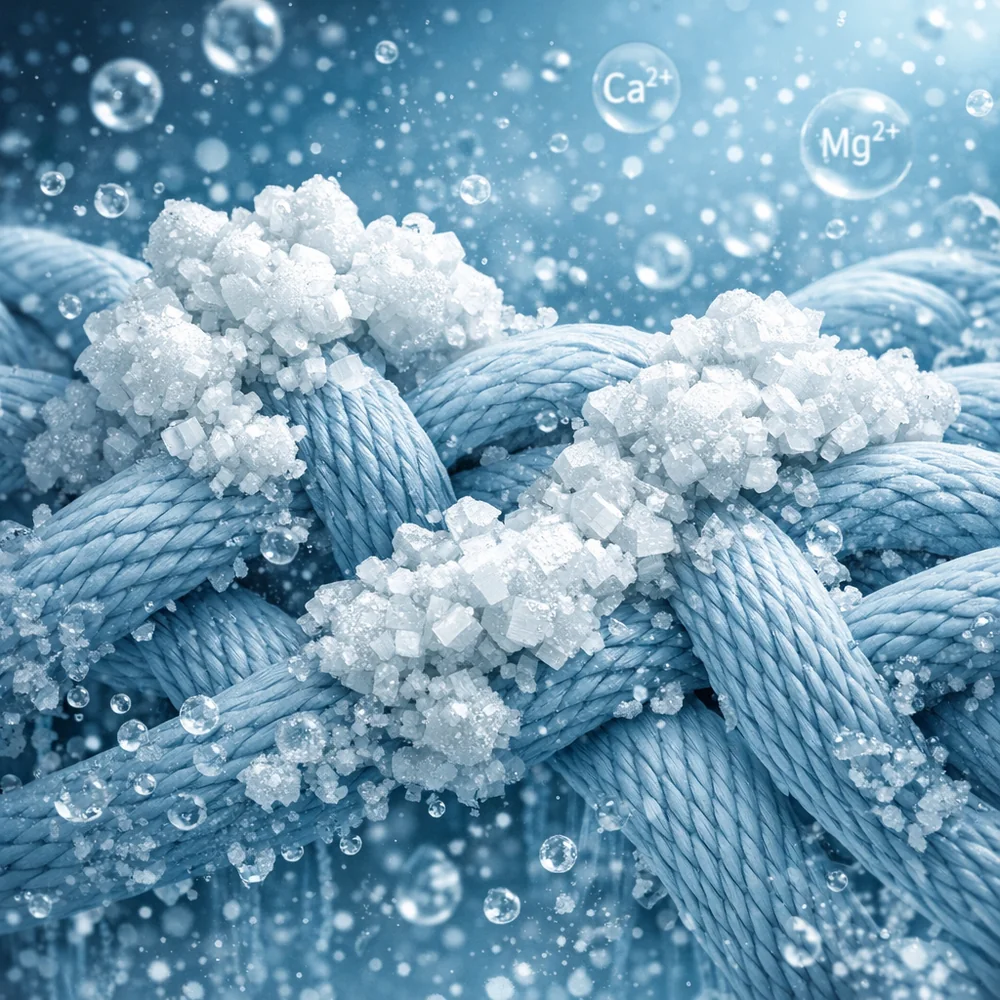 Visual representation of 'soap scum' (Calcium Stearate) formation. Sticky, white crystalline clusters interlocking with fabric fibers in a hard-water solution. High-tech medical visualization, 8k resolution, sterile lab aesthetic.