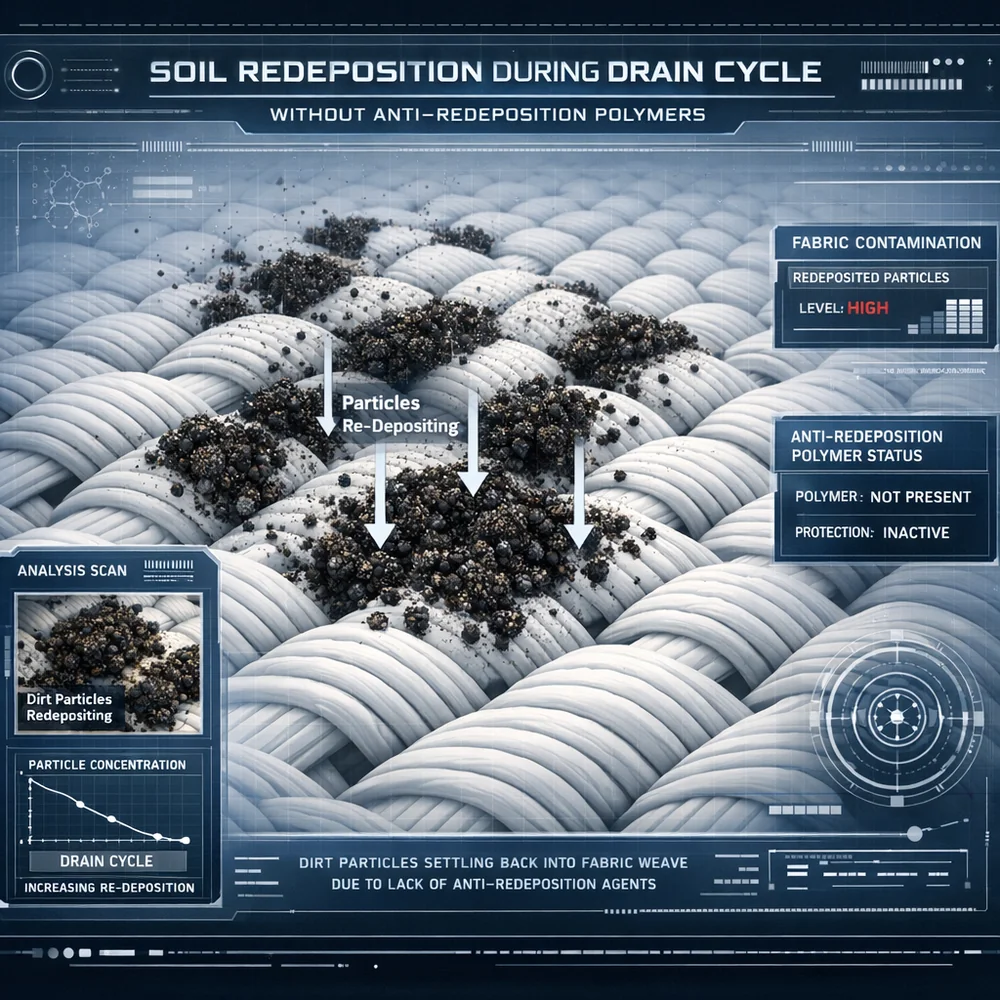 3D visualization of soil redeposition: dirt particles settling back into the fabric weave during the drain cycle due to the absence of anti-redeposition polymers. Particles are shown as dark clusters on a white grid. High-tech interface, clinical style, 4k.