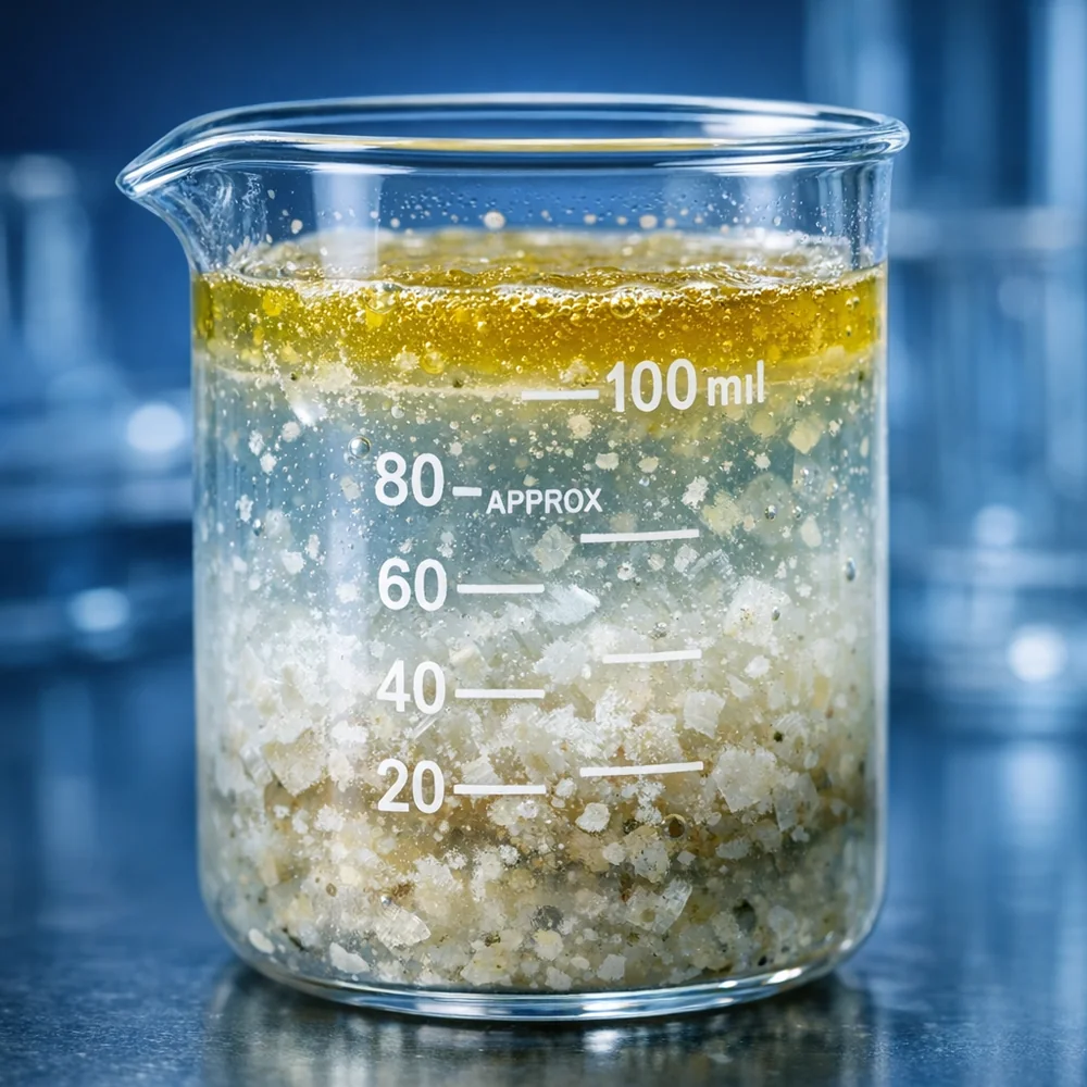Professional laboratory photography of a glass beaker containing a complex mixture of sweat, sebum, and exfoliated skin cells. Visible separation of lipids. High-speed scientific capture, clinical blue lighting, 8k resolution.