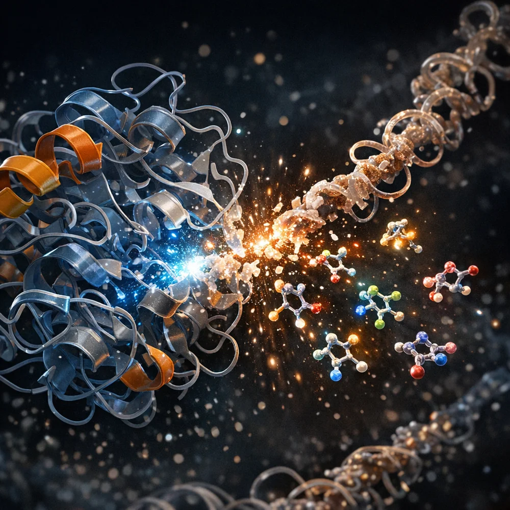 3D medical visualization of a Protease enzyme (ribbon model) attacking a protein chain from a sweat stain. The chain is being cleaved into amino acids. Glowing particles, high-tech scientific rendering, dark aesthetic.