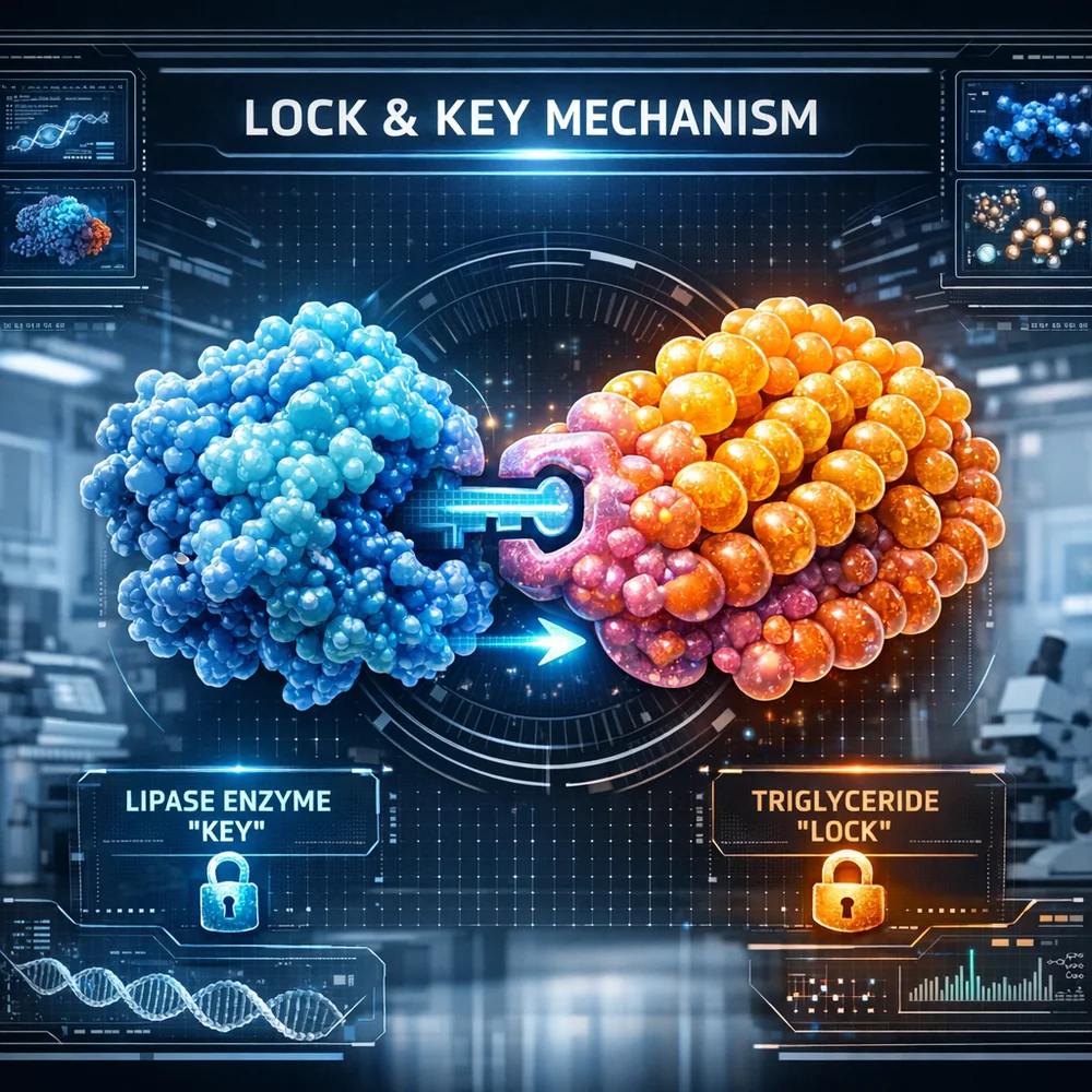 Visual representation of the 'Lock and Key' mechanism: a Lipase enzyme molecule fitting perfectly into a triglyceride lipid molecule. High-tech molecular biology interface, sterile lab background, 4k.