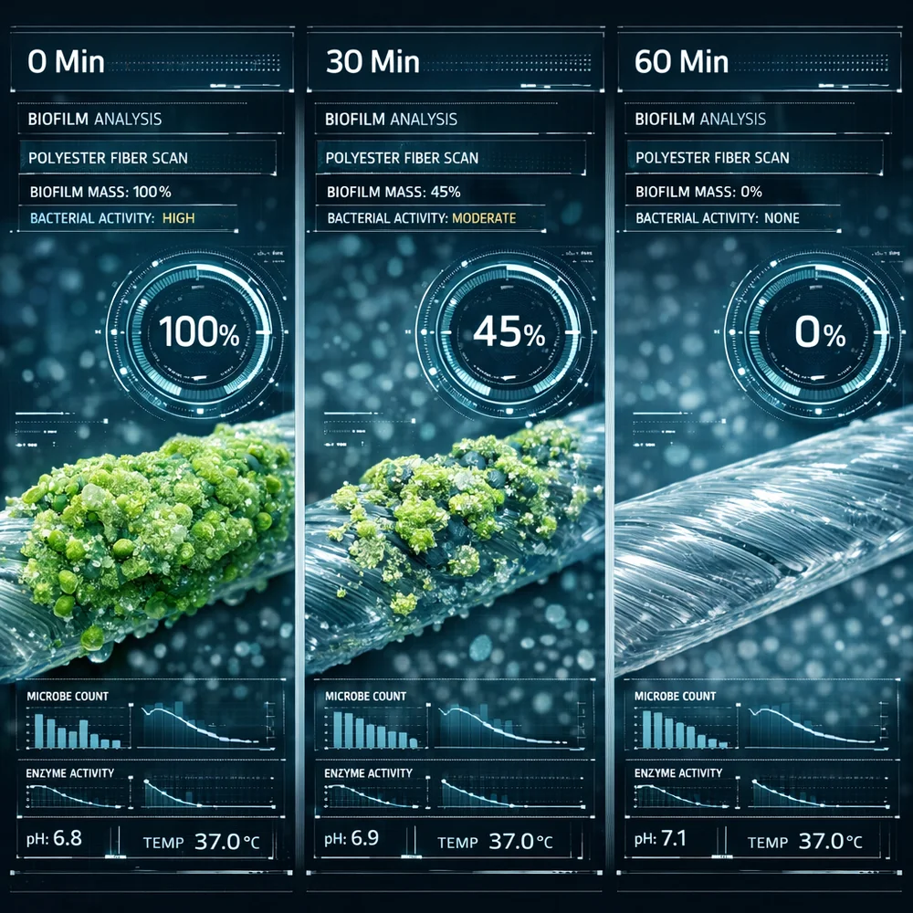 Time-lapse sequence visualization (3 frames) showing the gradual digestion of a biological biofilm on a polyester fiber over 60 minutes. Biofilm shrinks and disappears. Clinical style, high-tech data overlay, 8k.
