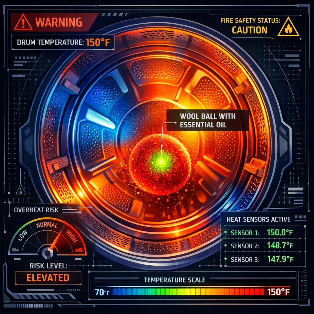 A 3D thermal visualization of a dryer drum reaching 150 F, highlighting a wool ball with concentrated essential oil. Fire safety indicator overlay, technical engineering aesthetic.