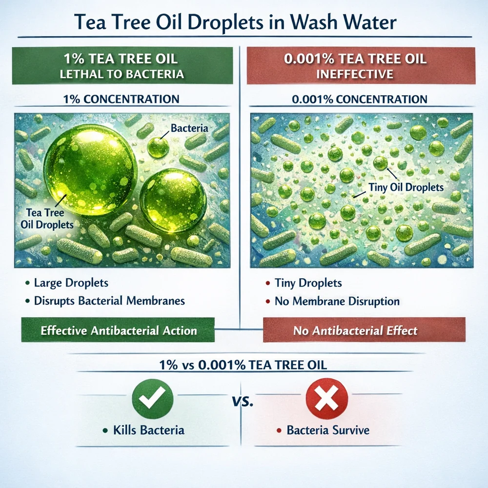 Microscopic visualization of tea tree oil droplets in wash water. Data overlay comparing 1% concentration (lethal to bacteria) vs 0.001% (ineffective). Scientific diagram style.