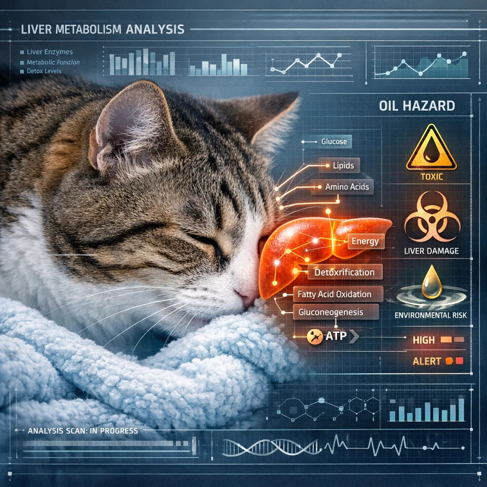 Close-up of a domestic cat sniffing a freshly laundered blanket. Technical interface highlighting the cat's liver metabolic pathway and oil hazard markers. Clinical medical aesthetic.