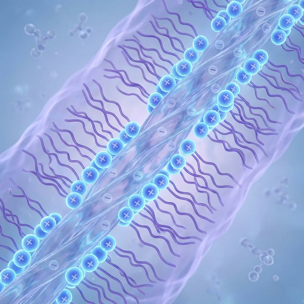 Extreme macro of a cotton fiber coated in a uniform, lubricating film of cationic surfactants (esterquats). The hydrophobic tails are shown as tiny hairs standing perpendicular to the fiber surface. High-tech scientific rendering, glowing atoms, dark blue aesthetic, 8k.