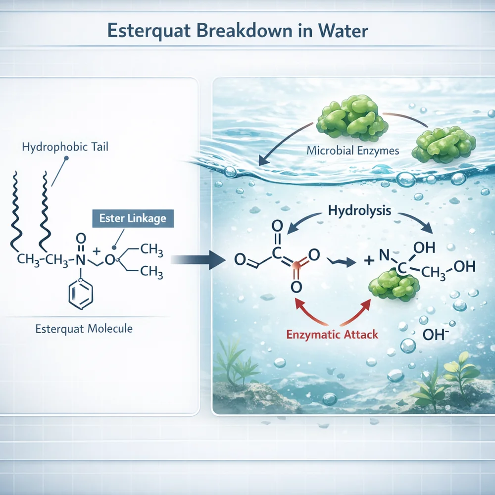 Molecular diagram of an Esterquat molecule showing the weak ester linkage breaking down (hydrolyzing) in an environmental water sample. Arrows indicating microbial enzymatic attack. Clean lab aesthetic, medical interface style, 4k.