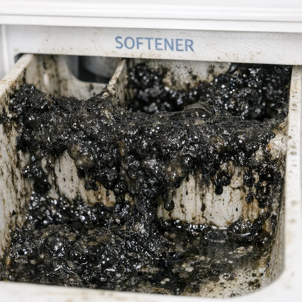 Clinical photograph of a washing machine's fabric softener dispenser drawer covered in black microbial slime (biofilm/scrud). Focus on the textured organic growth. Sharp detail, 8k resolution, neutral clinical lighting.