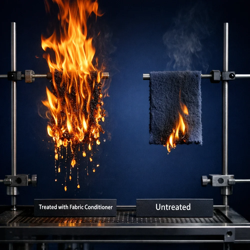 Laboratory controlled flammability test: a sample of polyester fleece treated with fabric conditioner igniting more rapidly than an untreated sample. High-speed scientific photography, orange flames against a dark blue lab background, professional and clinical.