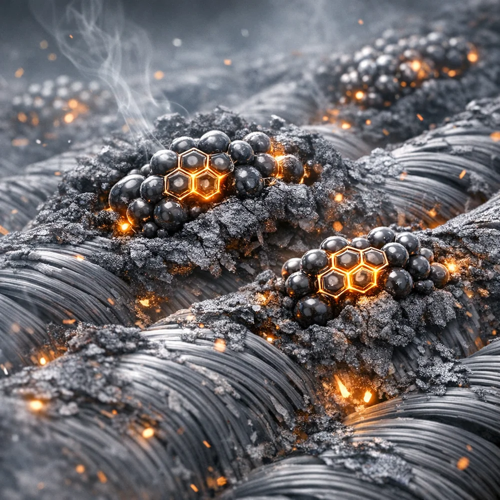 Scientific 3D model of 'Polycyclic Aromatic Hydrocarbons' (PAHs) embedded in Aramid fibers. Shows carcinogenic soot particles trapped in the charred polymer matrix. High-tech medical visualization, clinical grey and orange hues, 8k.