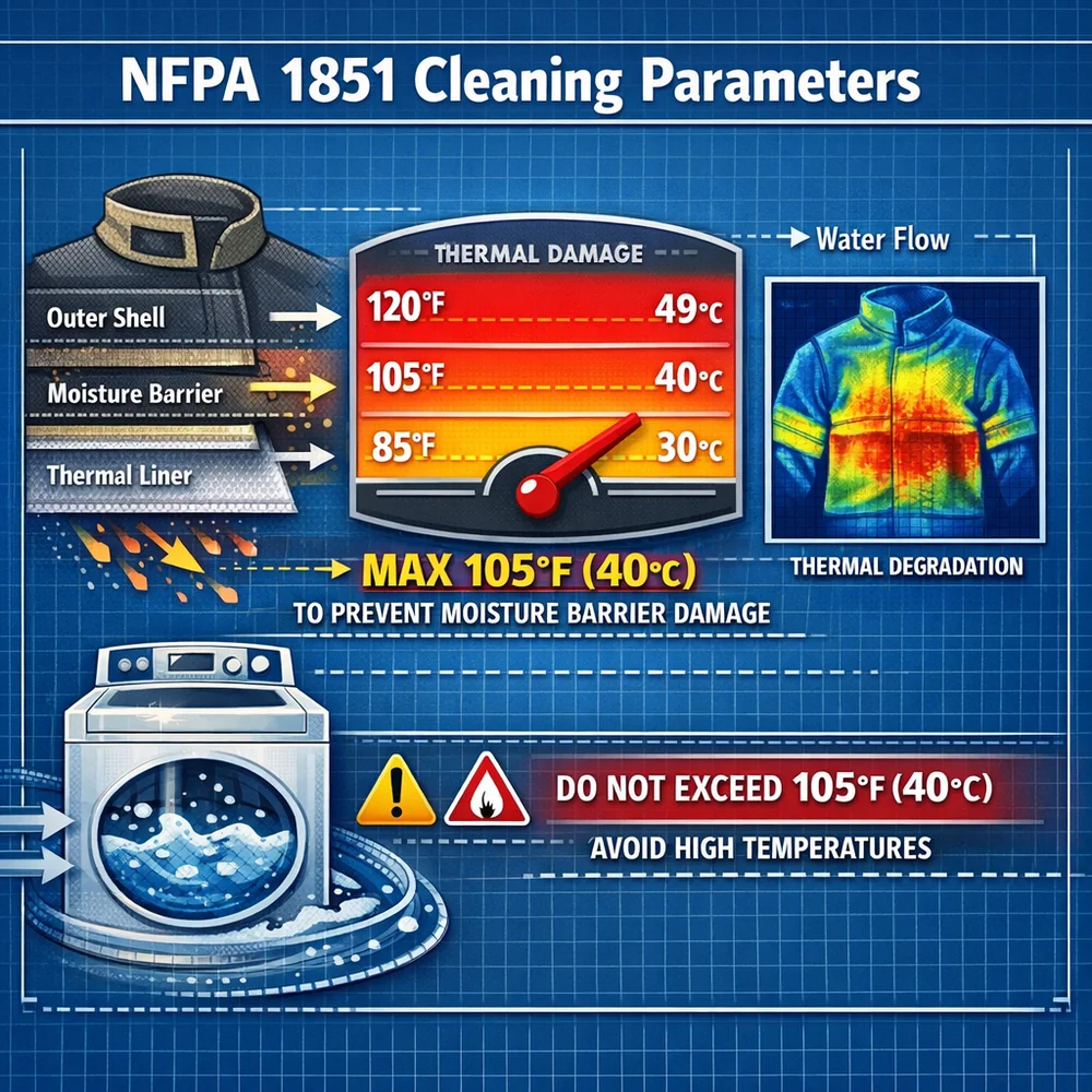 Technical diagram of 'NFPA 1851' cleaning parameters. Illustrates the 105F (40C) temperature limit to prevent thermal degradation of the moisture barrier fabric. Engineering schematic, thermal heat maps, clinical blue background.