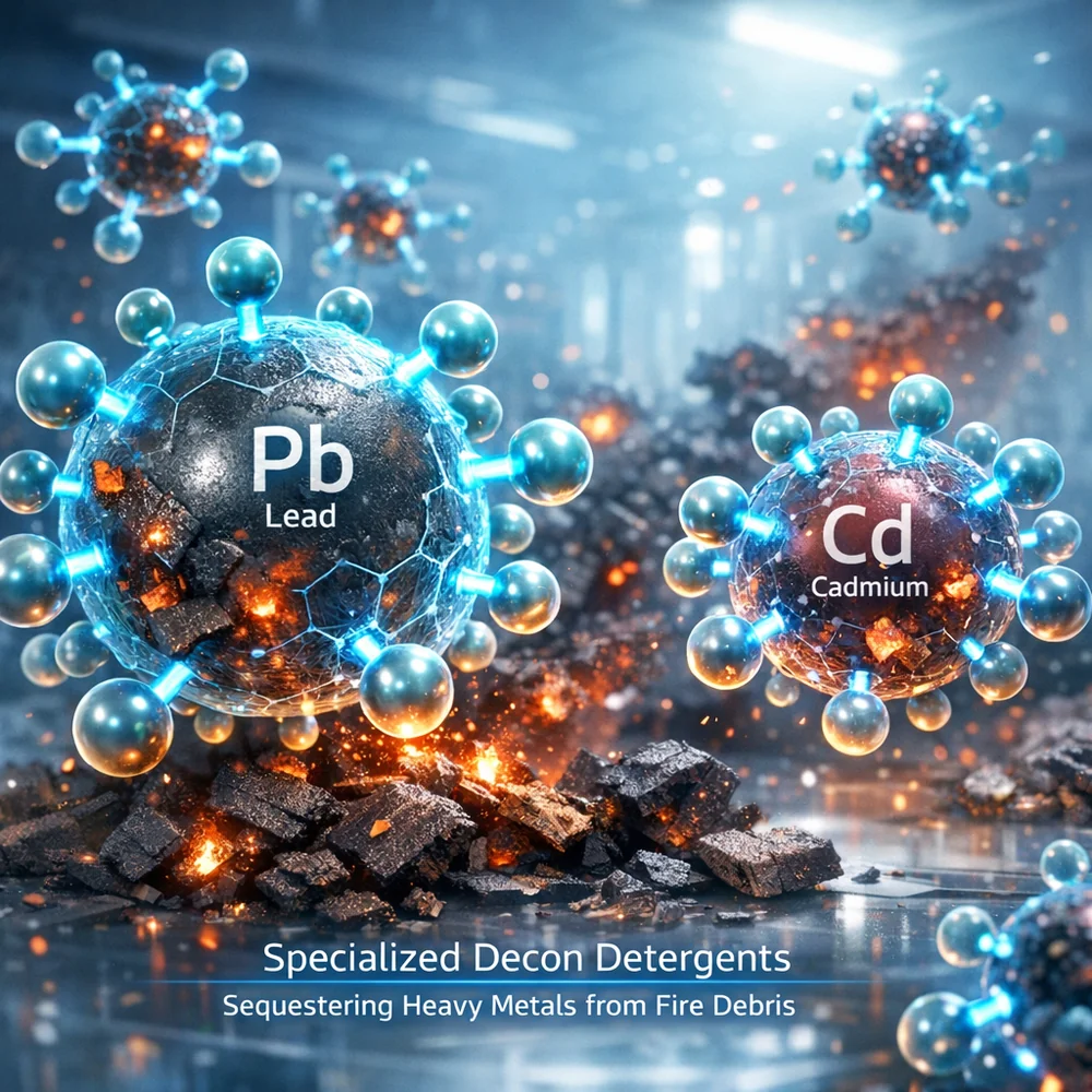 Molecular representation of 'Specialized Decon Detergents' sequestering heavy metal particles (lead, cadmium) from fire debris. High-tech medical animation style, glowing chemical bonds, clean lab aesthetic.