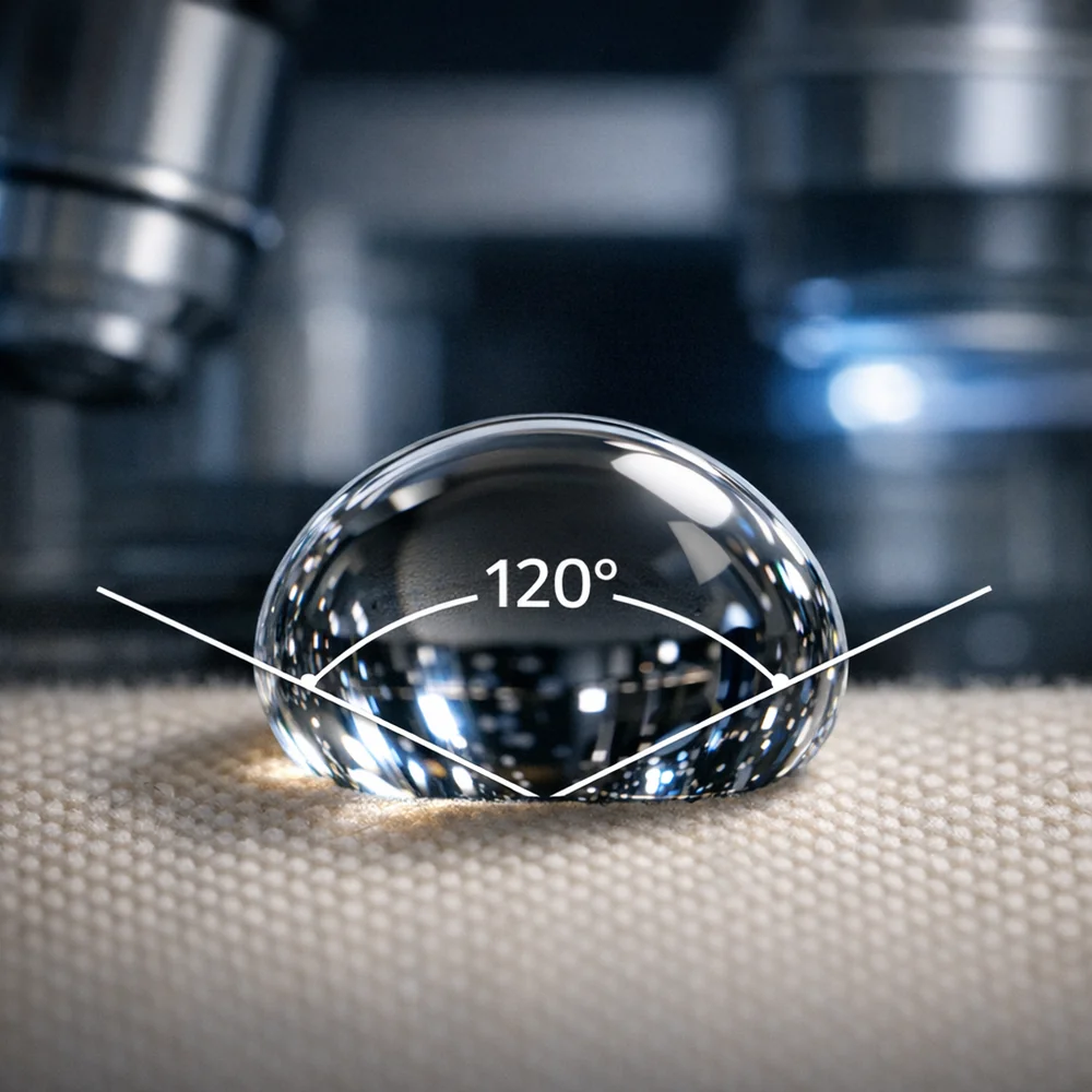 Laboratory photograph of 'DWR Finish Inspection'. shows a droplet of water with a 120-degree contact angle on a freshly cleaned Nomex surface. technical optics visualization, professional lighting, photorealistic.