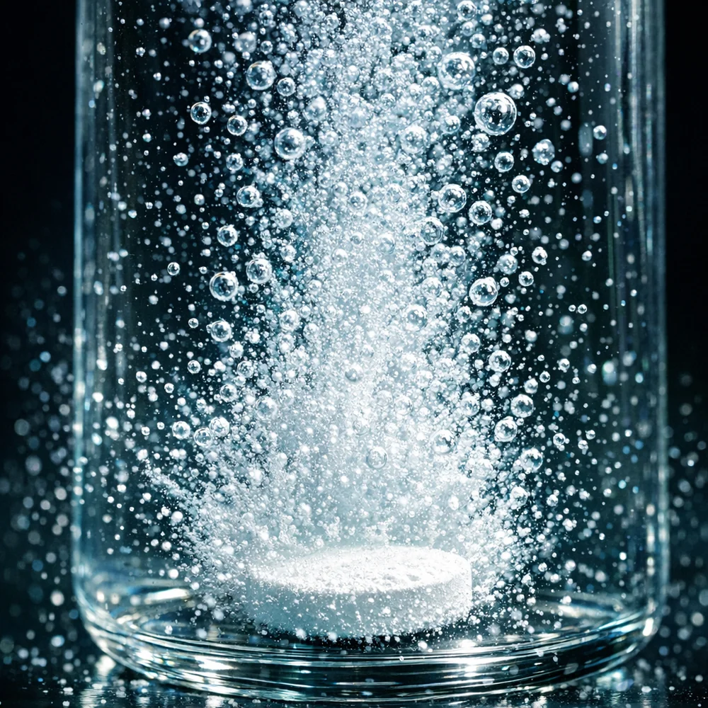 Action shot of an effervescent soap tablet hitting the bottom of a glass bottle, releasing thousands of tiny CO2 bubbles. High-speed scientific photography, vibrant colors, 4k.