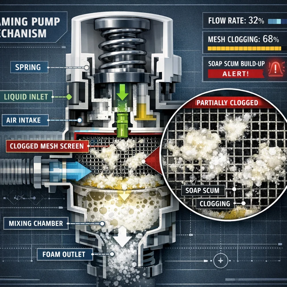 Engineering cross-section of a foaming pump mechanism, showing the fine mesh screen partially clogged with white soap scum. Data visualization overlay, industrial design aesthetic.