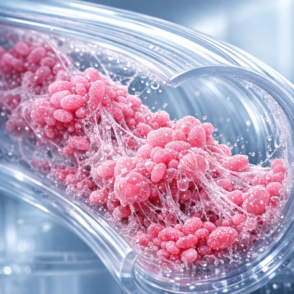 Microscopic view of a pink biofilm colony (Serratia marcescens) thriving on the inner surface of a reusable plastic pump tube. High-tech biological rendering, clinical aesthetic.