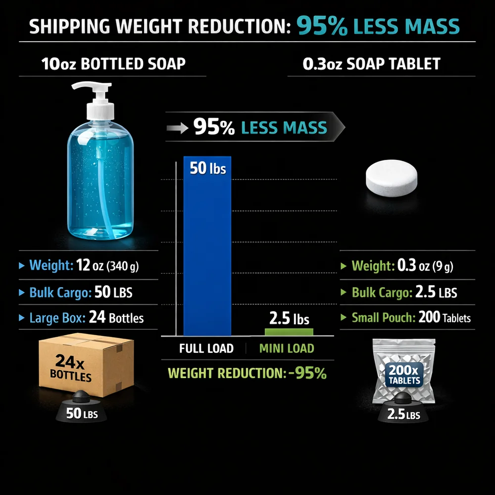 Technical comparison of a 10oz bottled soap vs a single 0.3oz tablet. Shipping weight reduction visualization: 95% less mass. Data-driven interface, high-contrast.