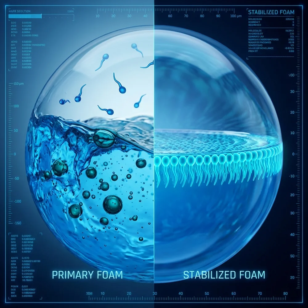 Detailed 3D cross-section of a foam bubble lamella. Surfactant molecules are aligned at the air-water interface, with heads in the liquid and tails in the air. Glowing ionic bonds, fluid dynamics, high-tech medical animation style.