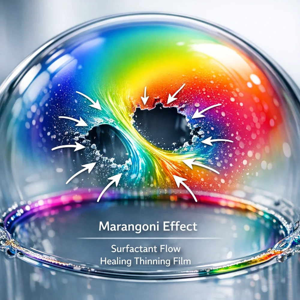 Visual representation of the Marangoni Effect: a thinning bubble film 'healing' itself as surfactant-rich liquid flows into the stressed area. Vibrant colors indicating surface tension gradients. Scientific visualization, 4k, clean lab aesthetic.