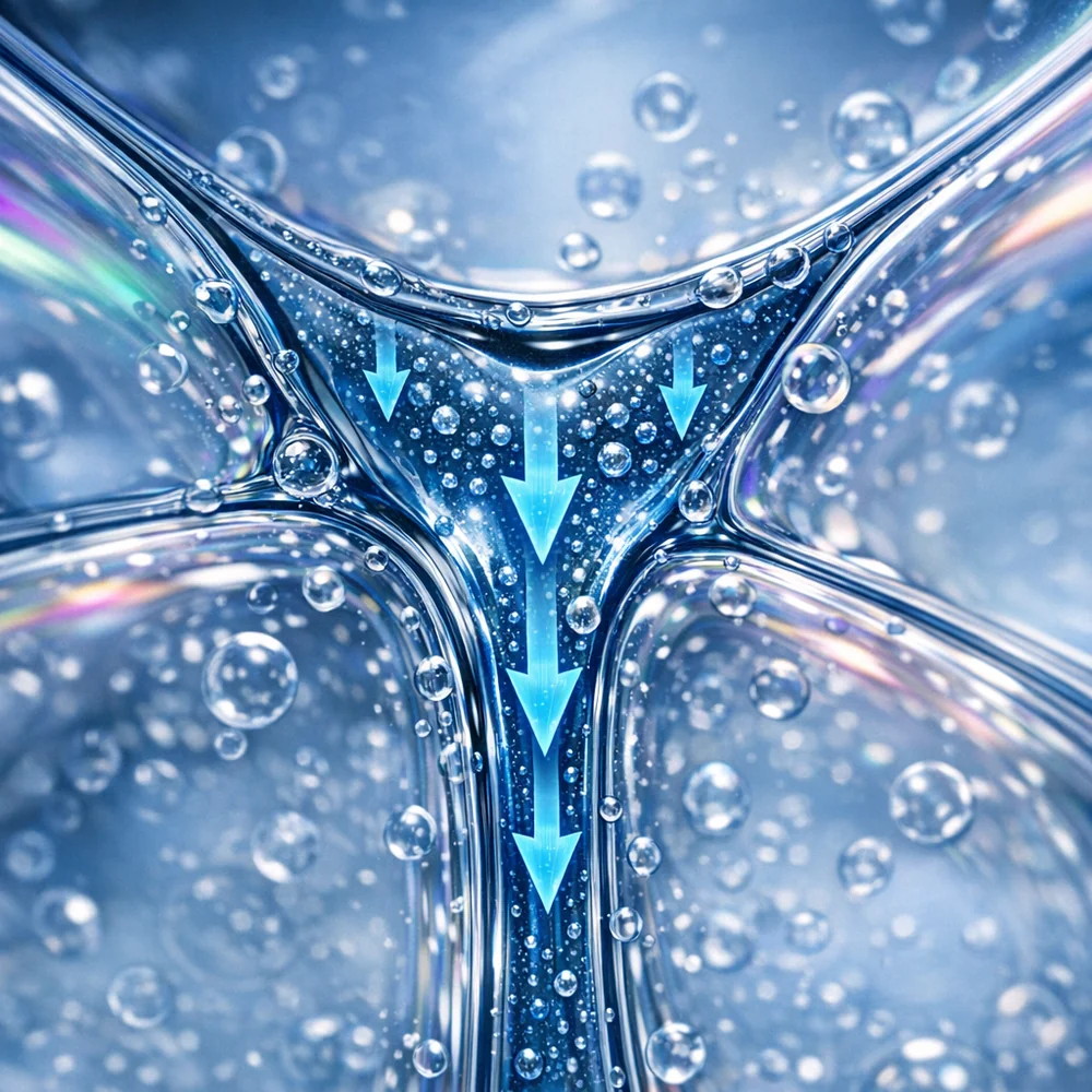 Microscopic view of Plateau borders: the junctions where multiple foam bubbles meet. Gravity-driven liquid drainage is shown as downward-flowing arrows within the liquid channels. High-tech scientific rendering, sharp detail, 8k.