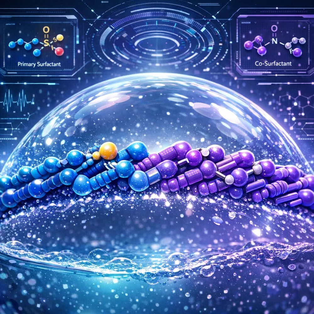 Molecular 'teamwork': a primary surfactant (SLS) and a co-surfactant (Betaine) intercalating at the bubble interface. The different molecular shapes are shown fitting together like rebar in concrete. Blue and violet color palette, high-tech interface style, 4k.