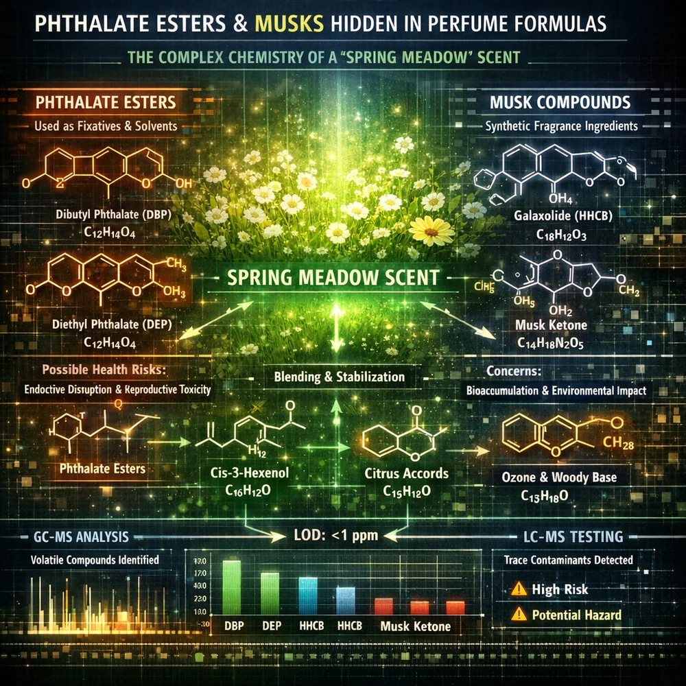 Technical infographic of 'Phthalate Esters' and 'Musks' hidden in perfume formulas. Shows the multi-step chemical complexity of a 'Spring Meadow' scent. Technical data overlay, glowing chemical structures, 8k.