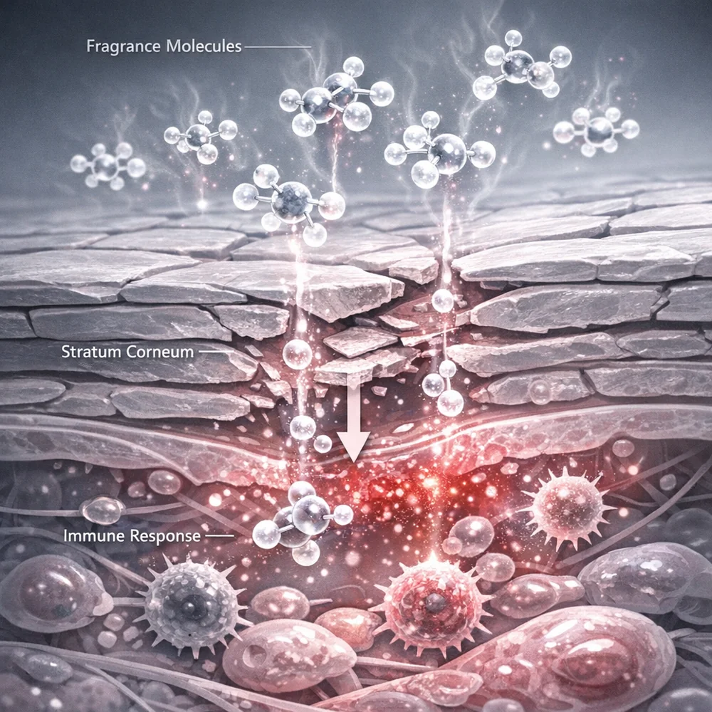 Microscopic visualization of 'Allergic Contact Dermatitis' triggers. Shows fragrance molecules penetrating the skin barrier (stratum corneum). High-tech medical animation style, clinical grey and pink hues, 4k.