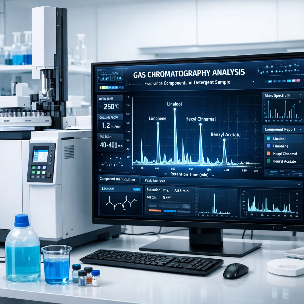 Professional laboratory setup of 'Gas Chromatography' analyzing fragrance components in detergent. Showing a digital readout of hidden chemical peaks. High-tech interface, clean lab aesthetic.