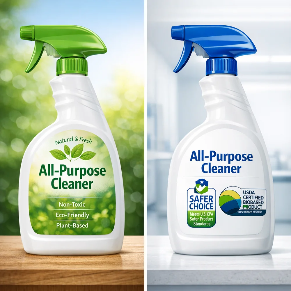 Professional side-by-side comparison of a bottle with vague 'natural' marketing vs a bottle with strict EPA Safer Choice and USDA Biobased logos. Green/Blue clinical contrast, 8k.