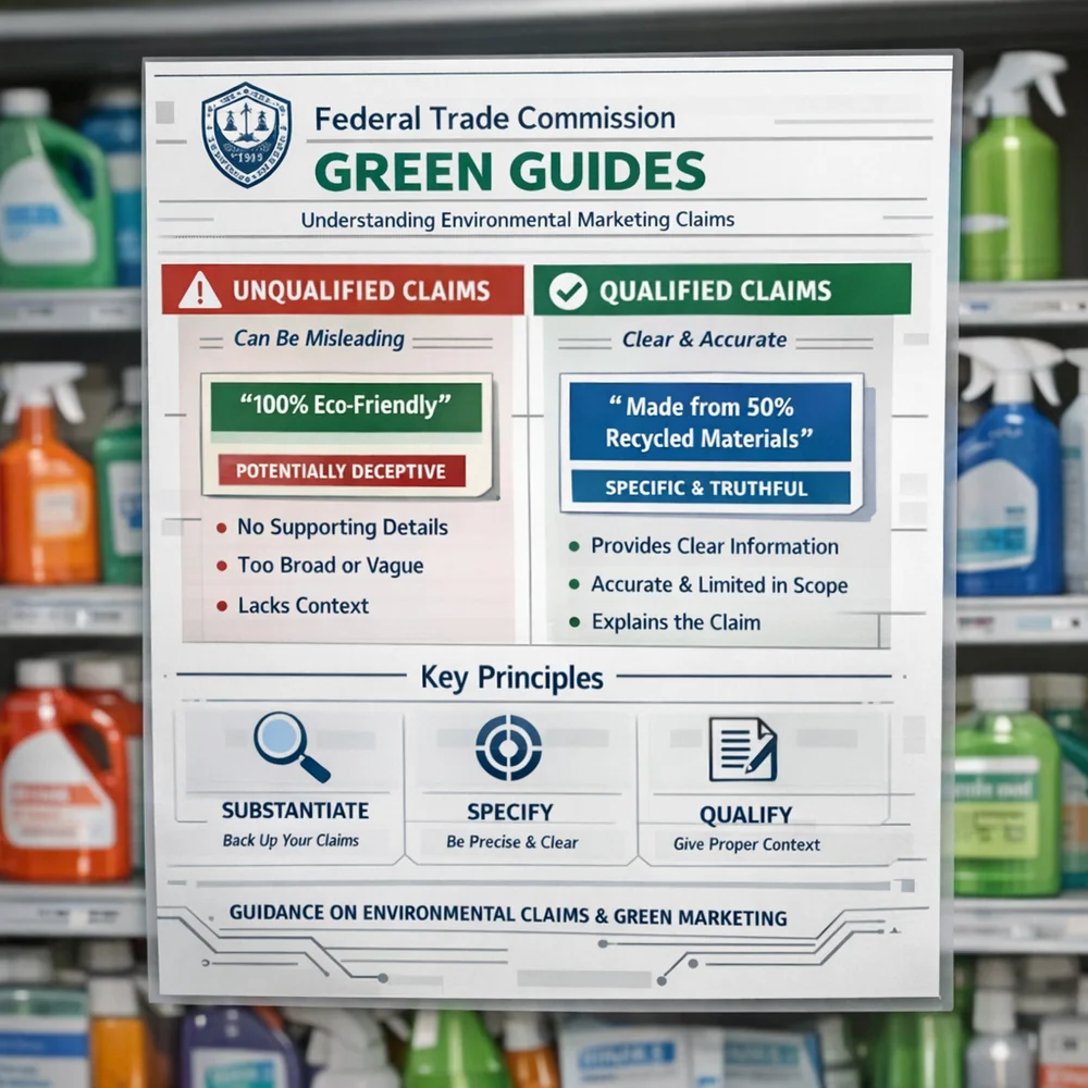 A 3D render of the FTC 'Green Guides' document overlaying a shelf of cleaning products. Highlighting the difference between unqualified and qualified claims. Technical aesthetic.