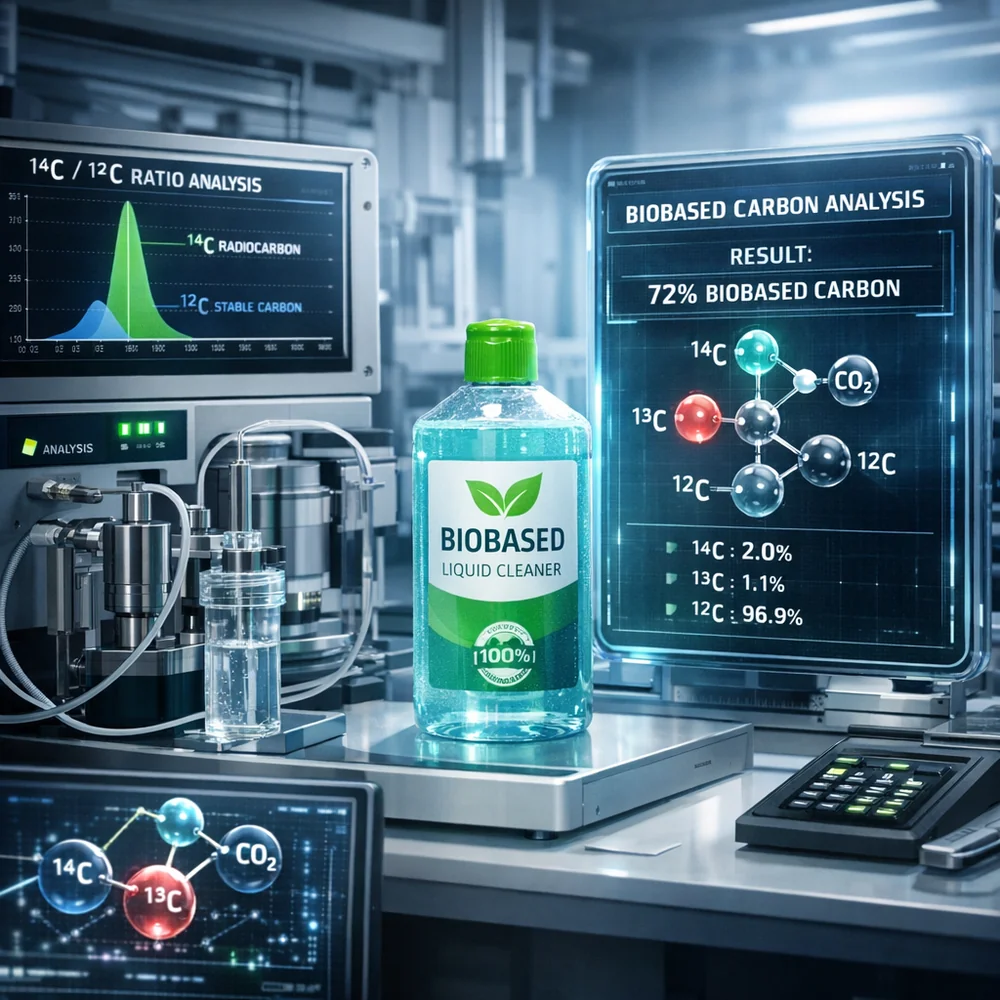 Laboratory setup for radiocarbon dating: analyzing 'Biobased' carbon content in a liquid cleaner. Molecular data visualization, high-tech interface, clinical lighting.