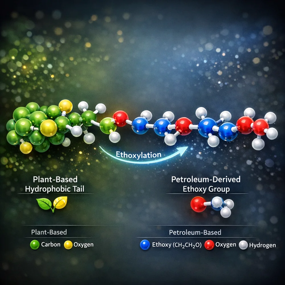 Molecular visualization of a 'plant-based' surfactant showing the petroleum-derived Ethoxy group (Ethoxylation process). Color-coded atoms, high-tech scientific rendering.