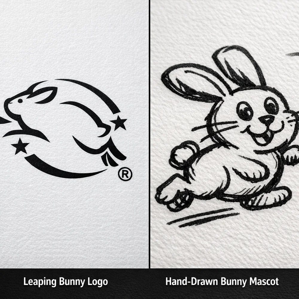 Macro comparison of the Leaping Bunny logo vs a generic hand-drawn bunny mascot. Side-by-side verification contrast, professional technical lighting, 8k.