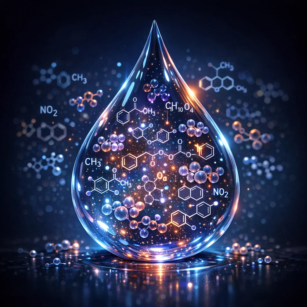 3D visualization of the 'Fragrance Loophole': a single drop of liquid containing 100+ tiny hidden chemical structures (phthalates, musks). Clinical dark background, glowing data.