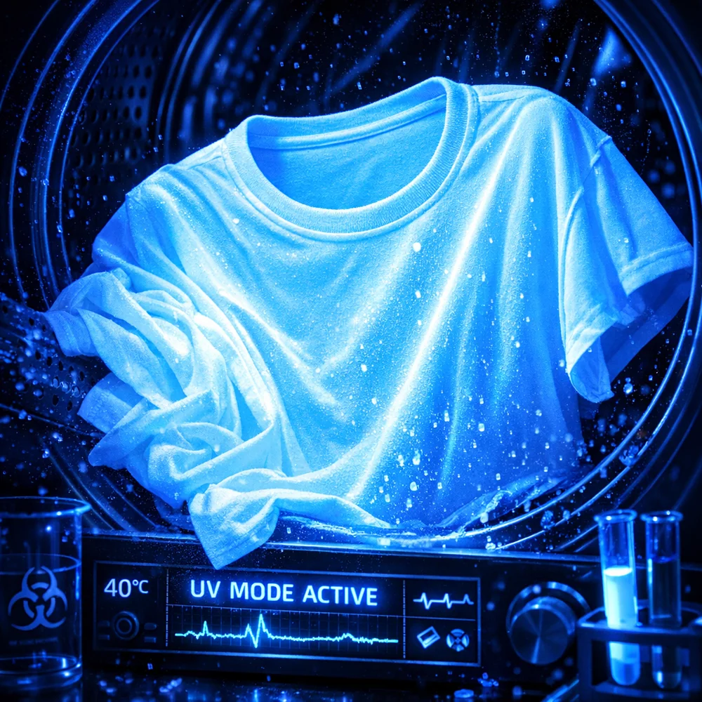 Action shot of laundry under a UV/Blacklight: highlighting the intense blue glow of optical brighteners on a white shirt. High-contrast, scientific diagnostic aesthetic.